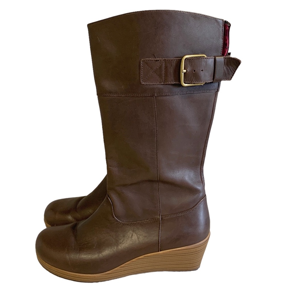 Crocs A-Leigh 14783 Wedge Mid-Calf Full Zip Boots Wms 7.5 US Brown Leath…